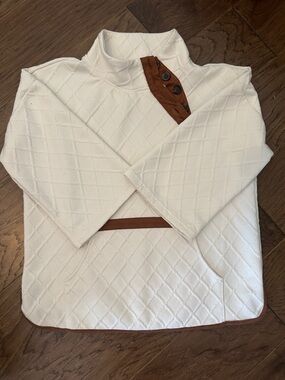 THML Quilted Button Neck Pullover M Cream/Brown Suede like trim Bell sleeve